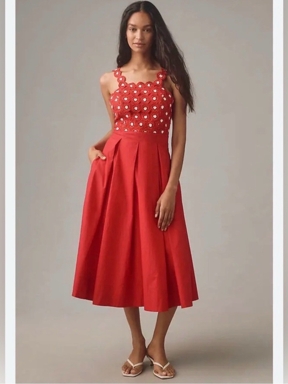 Anthropologie Red Floral Appliqué Midi Dress